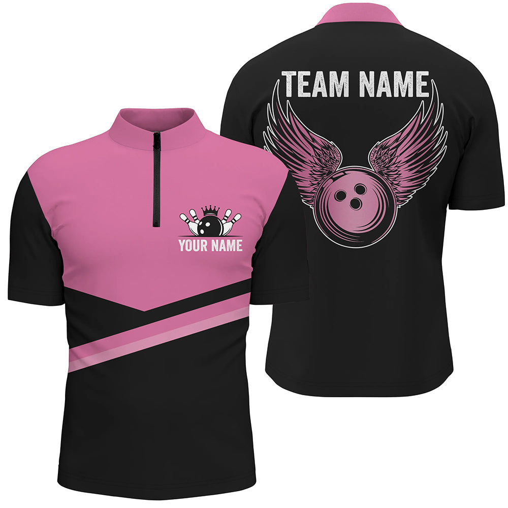 Black and pink Men bowling Quarter Zip shirt Custom Team bowling jerseys, gift for bowlers, Custom Team Bowling Jerseys, Bowling Shirts 1 Black and pink Men bowling Quarter Zip shirt Custom Team bowling jerseys