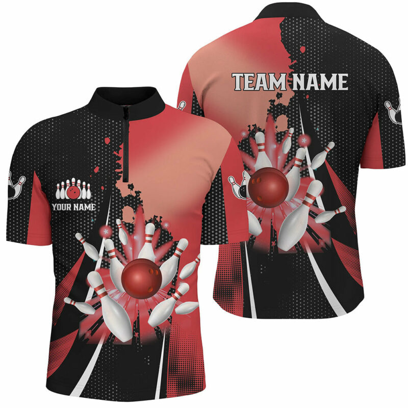 Black and red retro Men bowling Quarter Zip shirts Custom bowling ball and pins Team bowling Jerseys