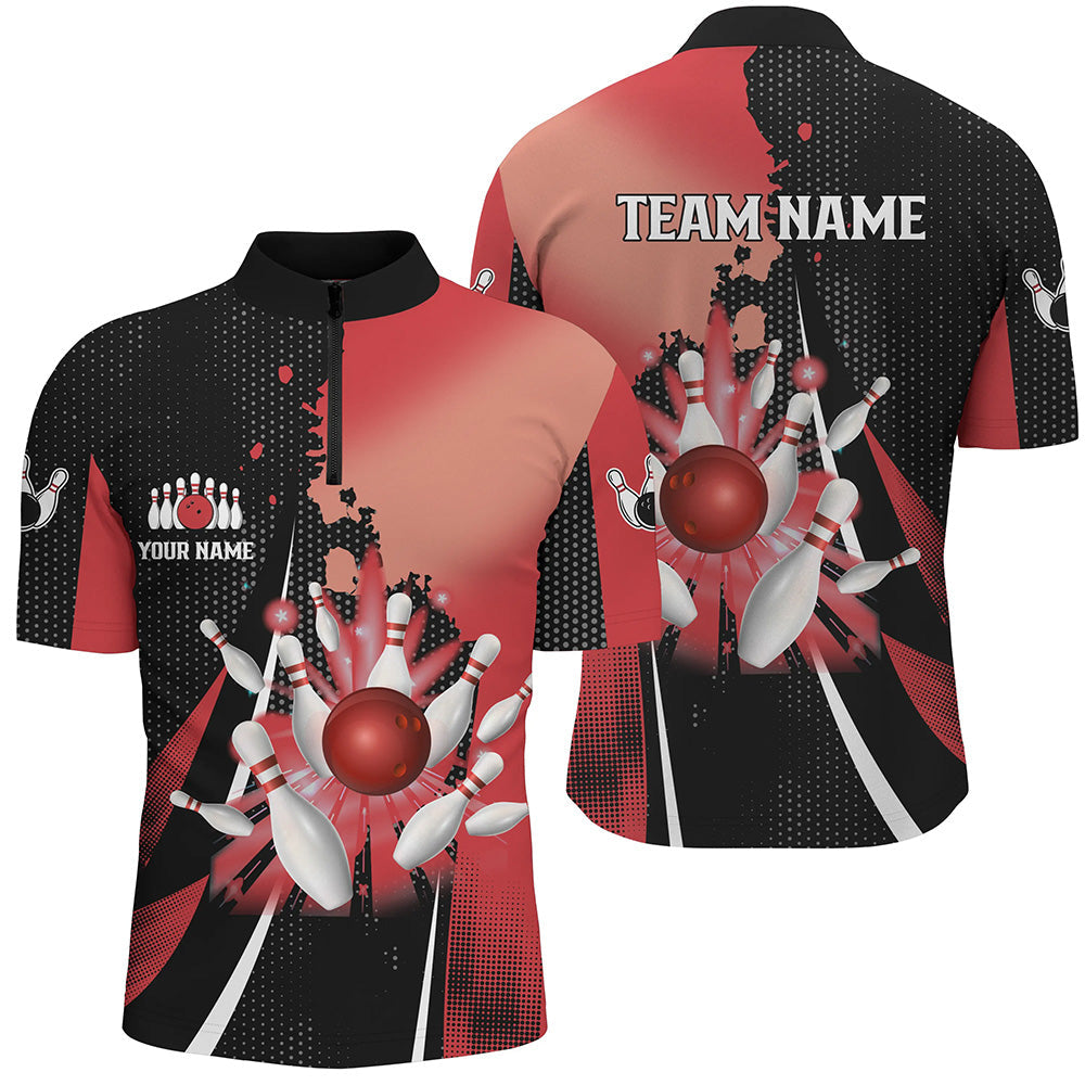 Black and red retro Men bowling Quarter Zip shirts Custom bowling ball and pins Team bowling Jerseys