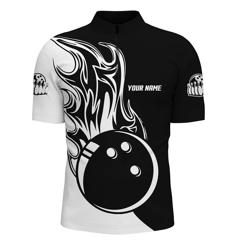 Black and white Bowling ball fire Mens bowling Quarter Zip shirt custom mens Bowling Team Jerseys