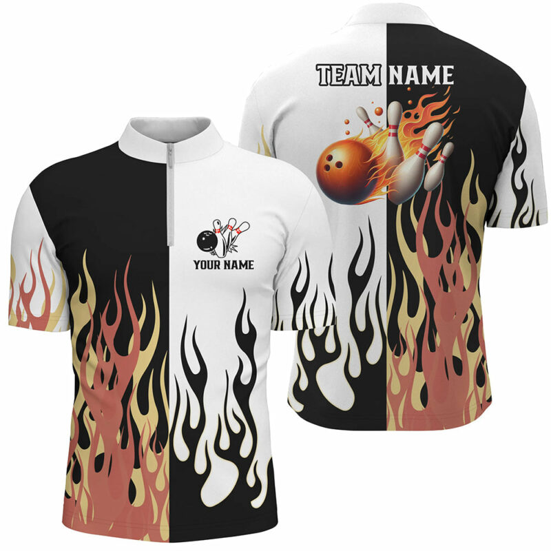 Black and white Men bowling Quarter Zip shirts Custom flame bowling Team Jerseys men