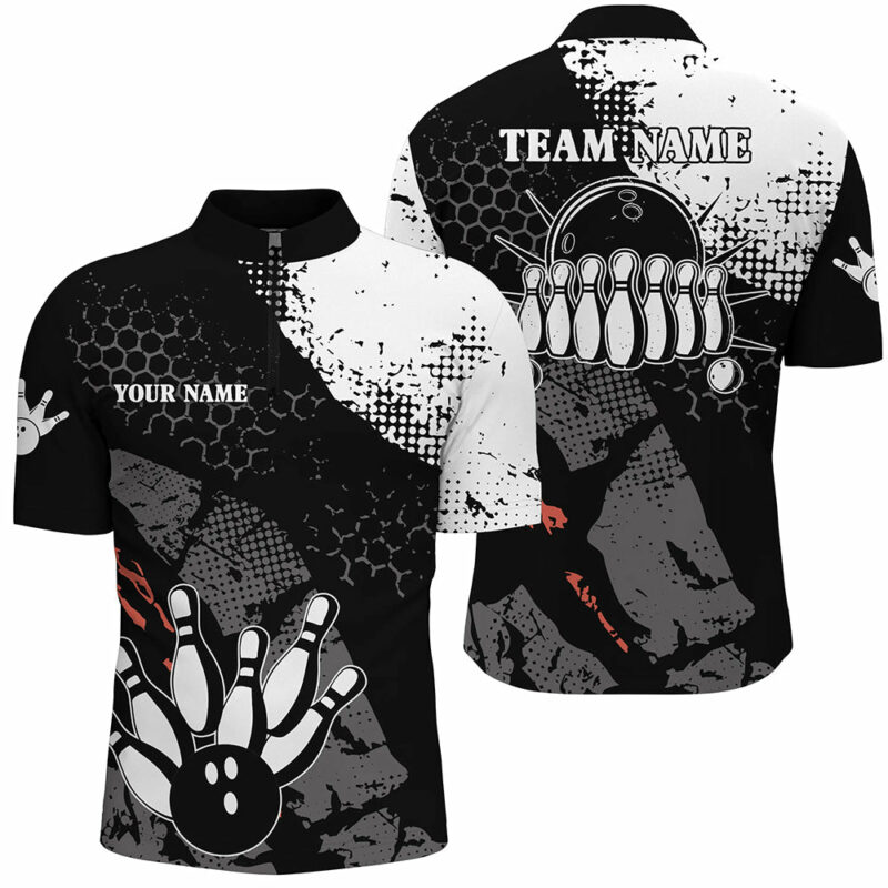 Black and white Men's bowling Quarter Zip shirts Custom retro bowling ball pins bowling team jerseys
