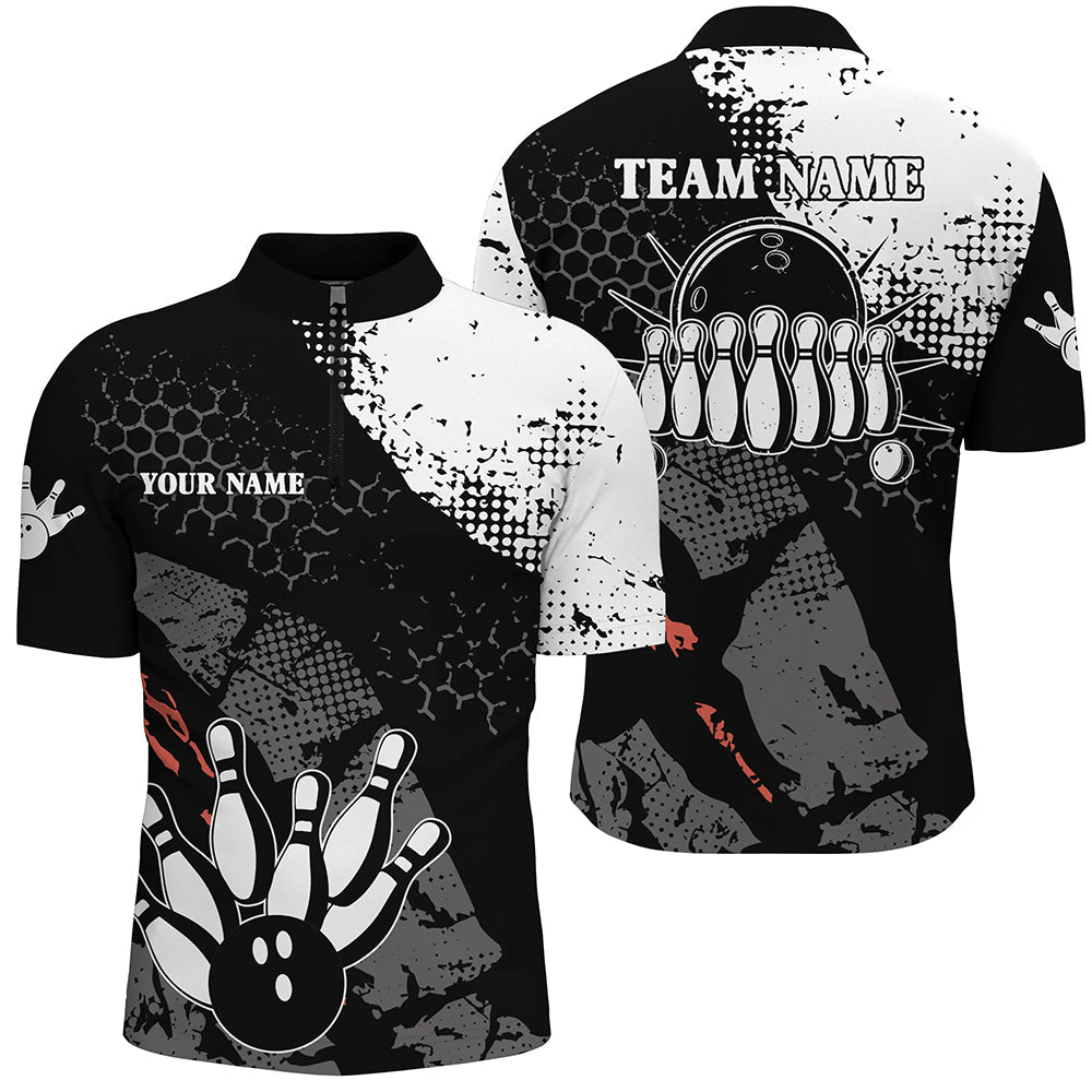 Black and white Men's bowling Quarter Zip shirts Custom retro bowling ball pins bowling team jerseys