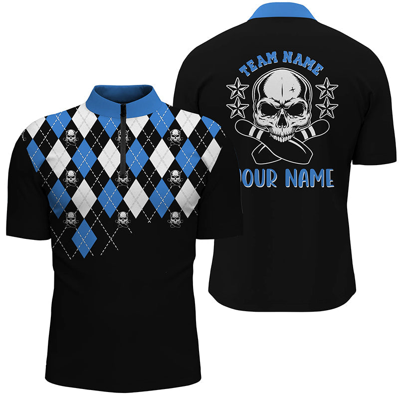 Black blue argyle pattern bowling skull custom bowling Quarter Zip shirts for men