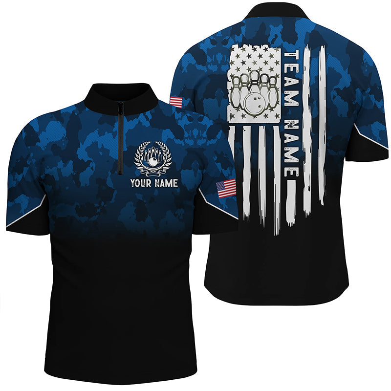Black blue camo Men's bowling Quarter Zip shirts Custom American flag patriotic bowling team jerseys