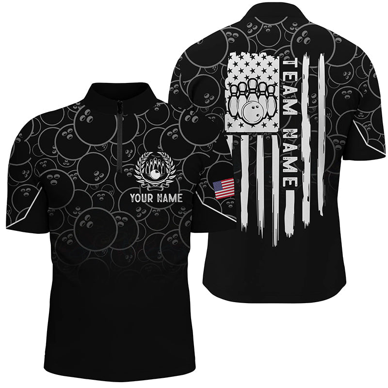 Black bowling camo Mens bowling Quarter Zip shirt Custom American flag patriotic bowling team jerseys