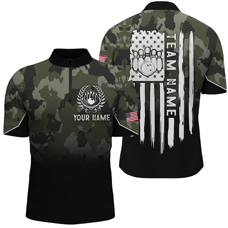 Black green camo Men's bowling Quarter Zip shirts Custom American flag patriotic bowling team jerseys