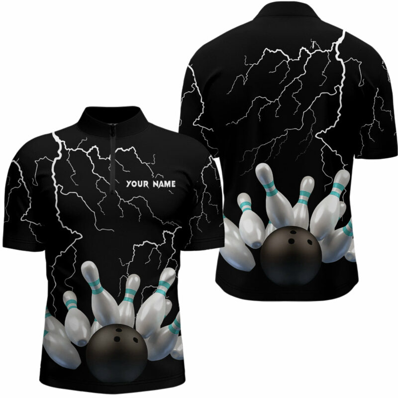 Black lightning thunder custom men bowling Quarter Zip shirt bowling ball pins team jerseys