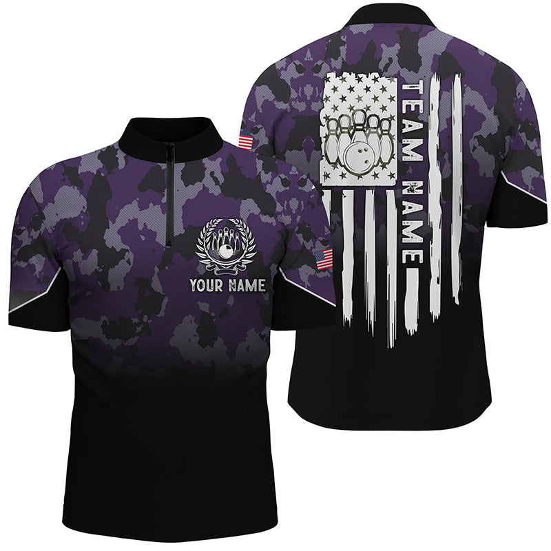 Black purple camo Men's bowling Quarter Zip shirts Custom American flag patriotic bowling team jerseys