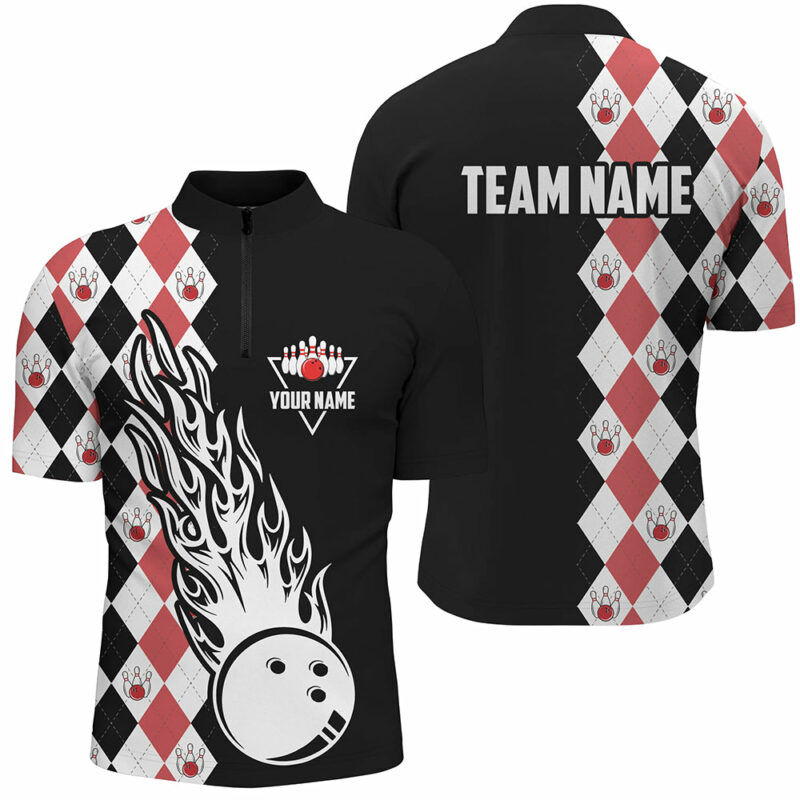 Black & red argyle pattern bowling fire Quarter Zip shirt for men custom bowling team league jerseys