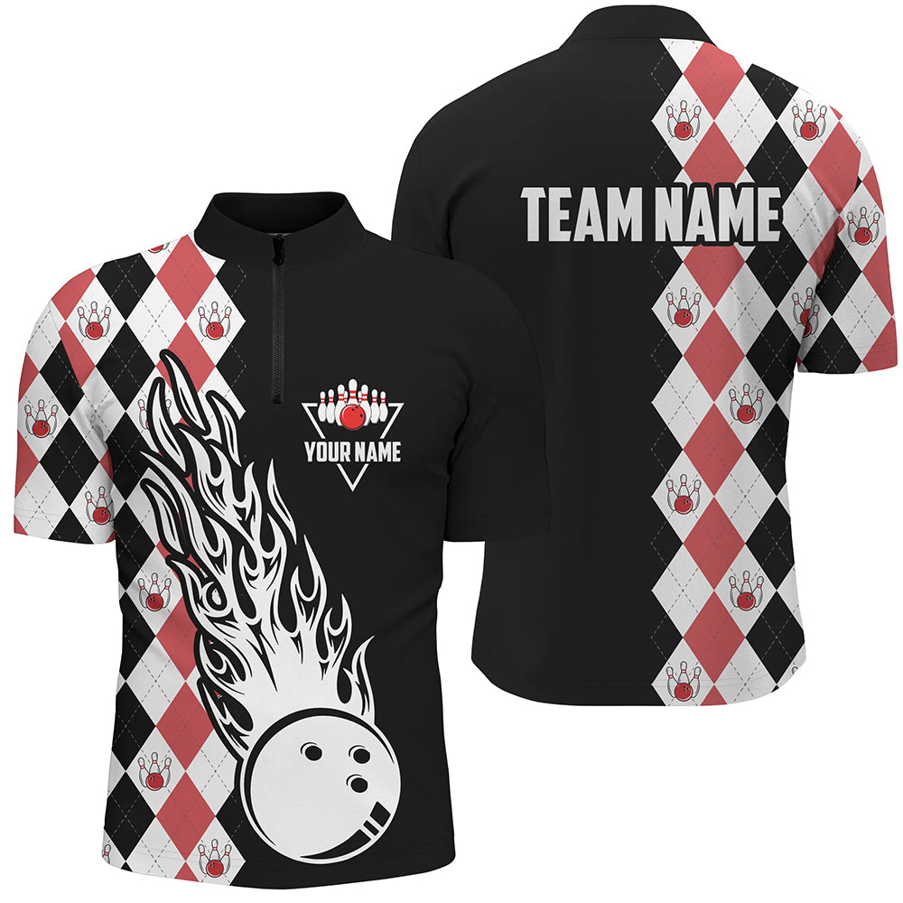 Black & red argyle pattern bowling fire Quarter Zip shirt for men custom bowling team league jerseys, Custom Team Bowling Jerseys 1 Black & red argyle pattern bowling fire Quarter Zip shirt for men custom bowling team league jerseys