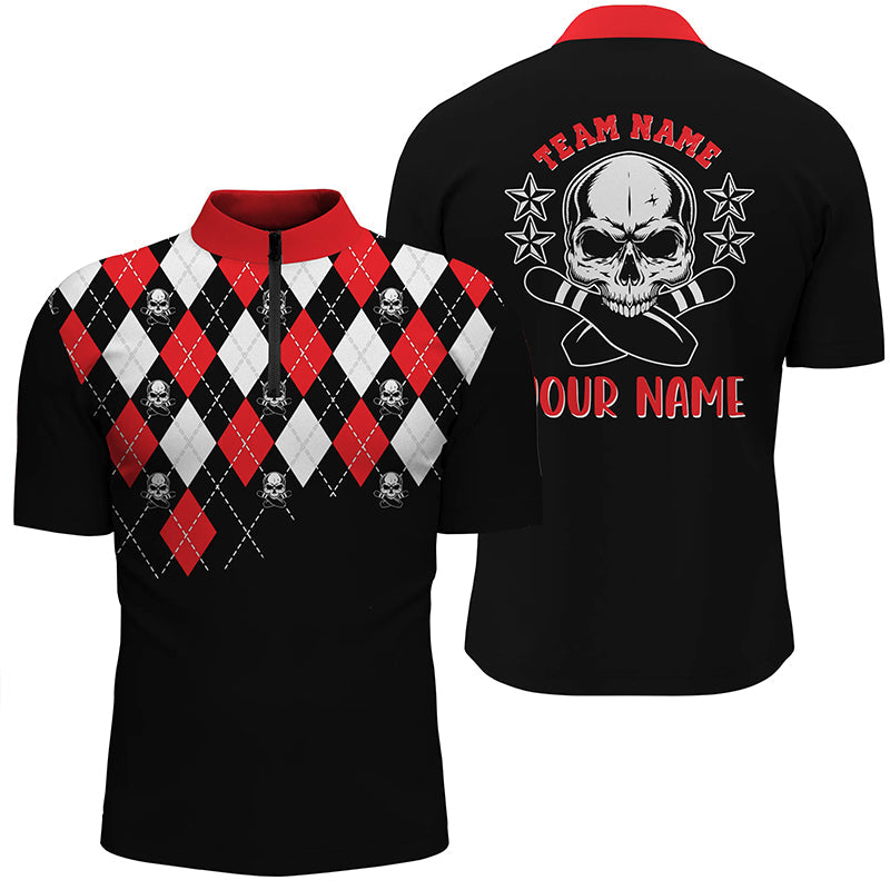 Black red argyle pattern bowling skull custom bowling Quarter Zip shirts for men