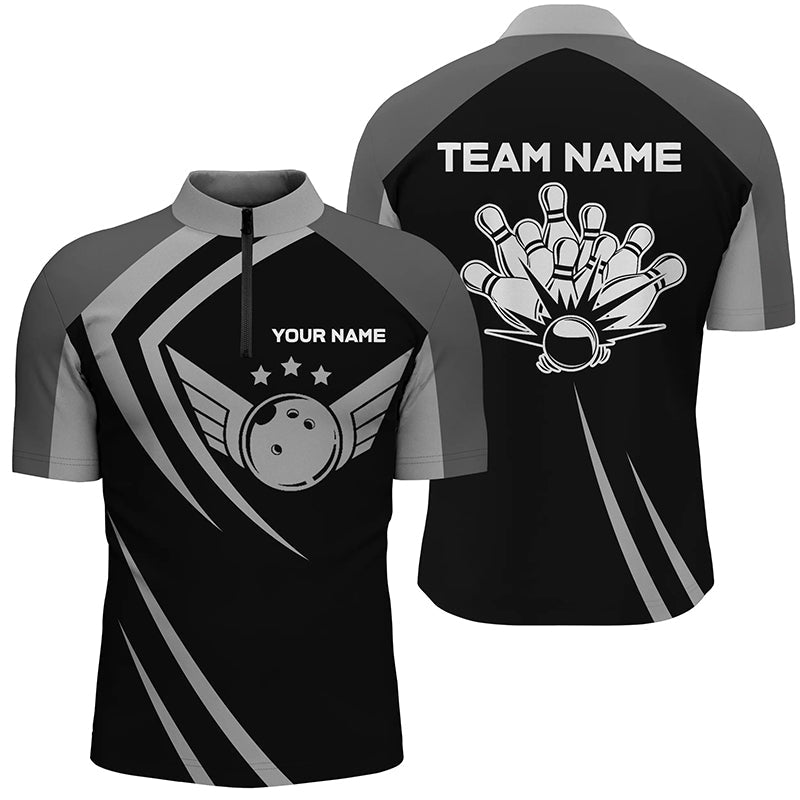 Black retro vintage Bowling Quarter Zip shirts for men custom Bowling team league jerseys