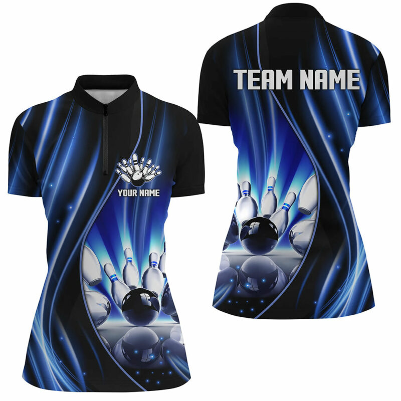 Blue And Black Light Women Quarter Zip Shirt Custom Bowling League Jerseys