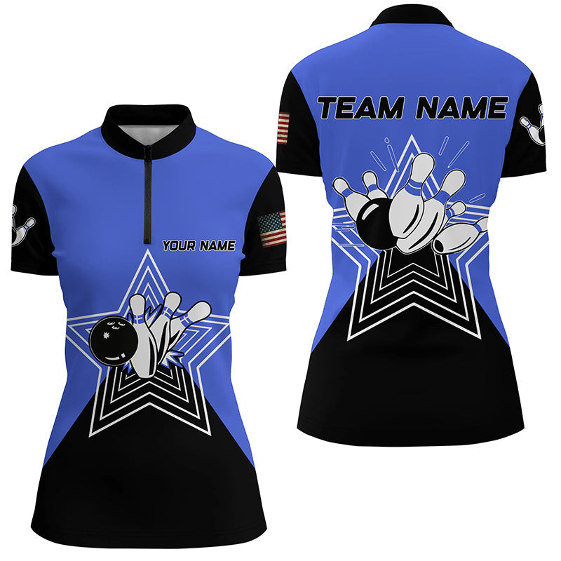 Blue And Black Retro Bowling Ball Pins Star Custom Women'S Bowling Quarter Zip Shirt Team Jersey