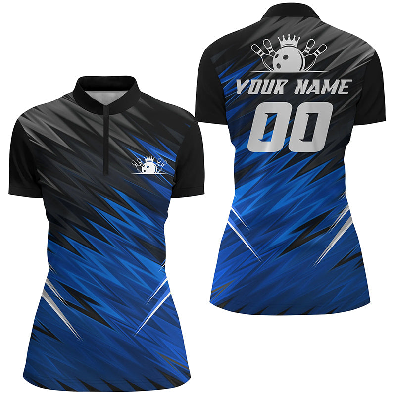Blue And Black Womens Quarter Zip Shirts Custom Name Bowling Shirts For Women