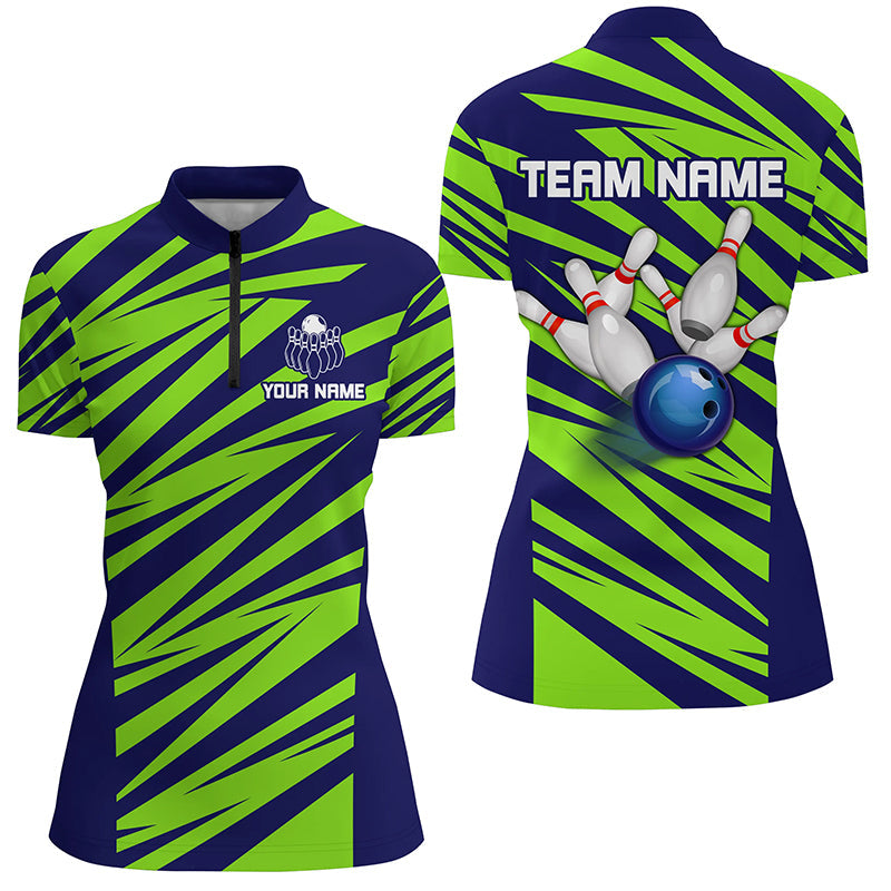 Blue And Green Strike Bowling Quarter Zip Shirts For Women