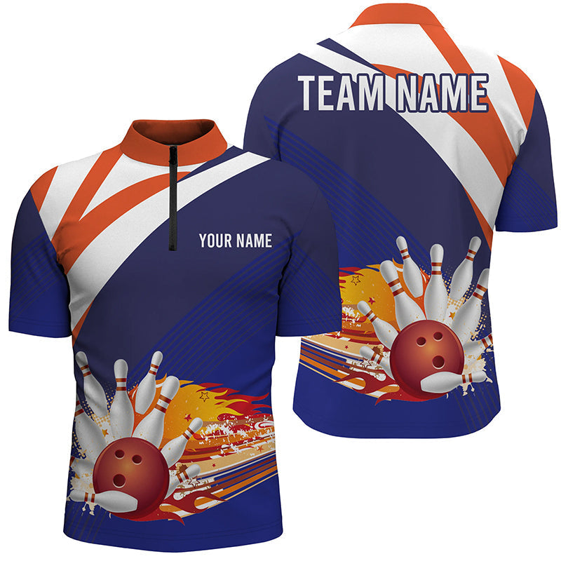 Blue And Orange Men'S Bowling Shirt Quarter Zip Custom Name Mens Bowlers Jersey