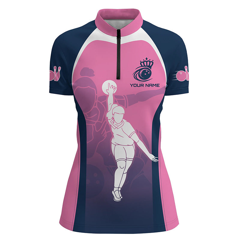 Blue And Pink Womens Quarter Zip Shirts Custom Bowling Team Shirts