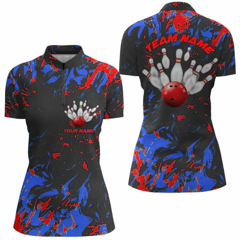 Blue And Red Camo Bowling Team Shirts Custom Women Quarter Zip Shirts Bowling League Shirts