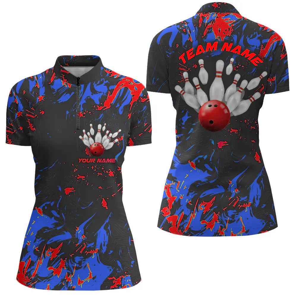 Blue And Red Camo Bowling Team Shirts Custom Women Quarter Zip Shirts Bowling League Shirts