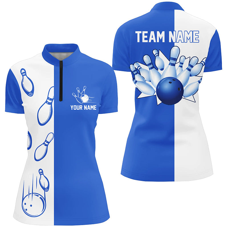 Blue And White Retro Vintage Bowling Quarter Zip Shirts For Women Custom Bowling Team Jerseys