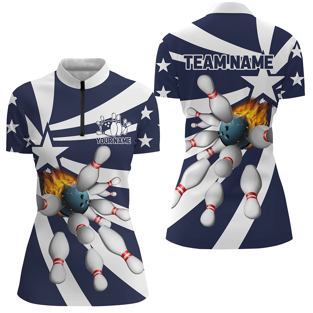 Blue And White Women Quarter Zip Bowling Shirt Custom Flame Bowling Star Team League Jerseys