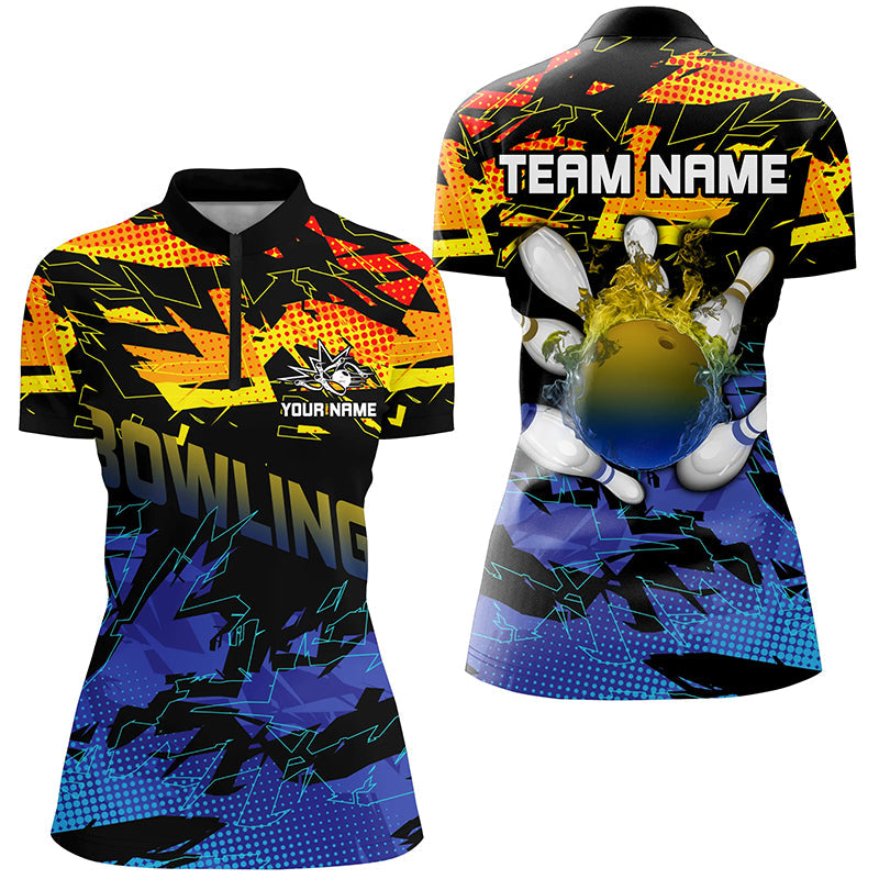 Blue And Yellow Camo Bowling Quarter Zip Shirts For Women Custom Team Bowling Jersey