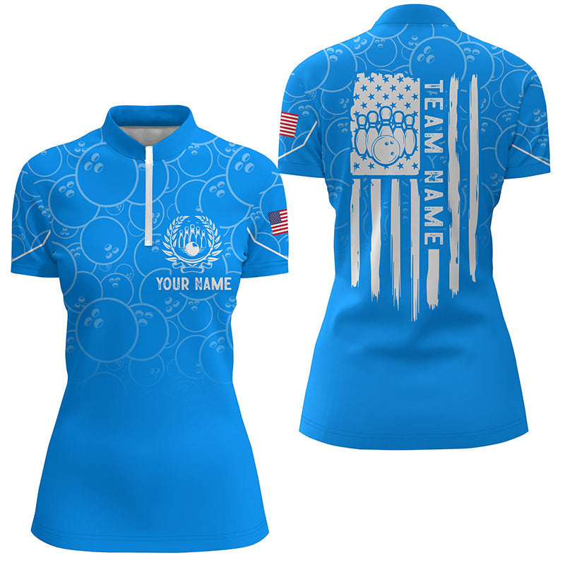 Blue Bowling Camo Women Bowling Quarter Zip Shirt Custom American Flag Patriotic Bowling Team Jerseys