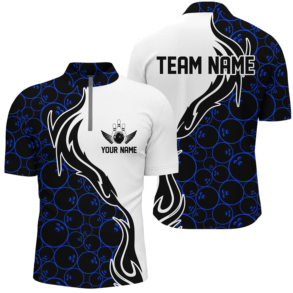 Blue Bowling Pattern Custom Men Bowling Quarter Zip Shirts Flame Bowling Team Jerseys Tournament