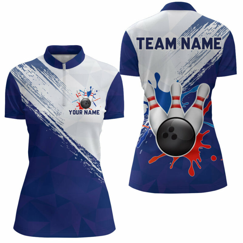 Blue Bowling Quarter-Zip Shirts For Women Retro Bowling Jersey Custom Bowling Team League Shirt