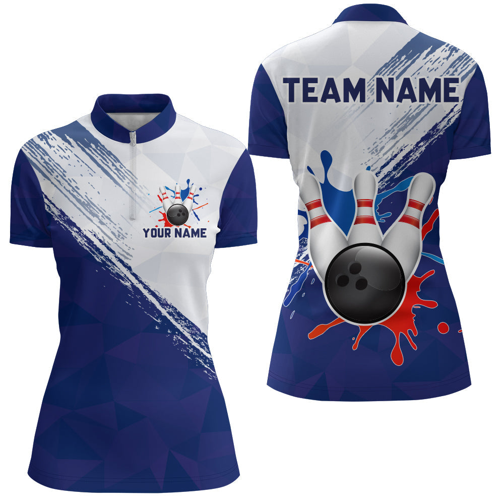 Blue Bowling Quarter-Zip Shirts For Women Retro Bowling Jersey Custom Bowling Team League Shirt