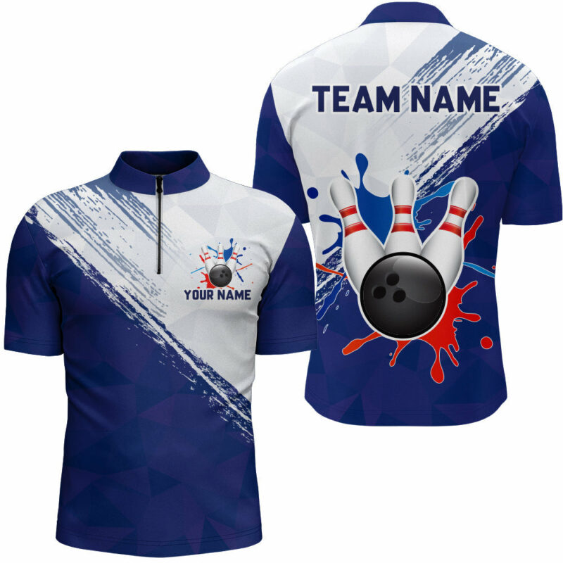 Blue Bowling Quarter Zip Shirts For Men Retro Bowling Jersey Custom Bowling Team League Shirt