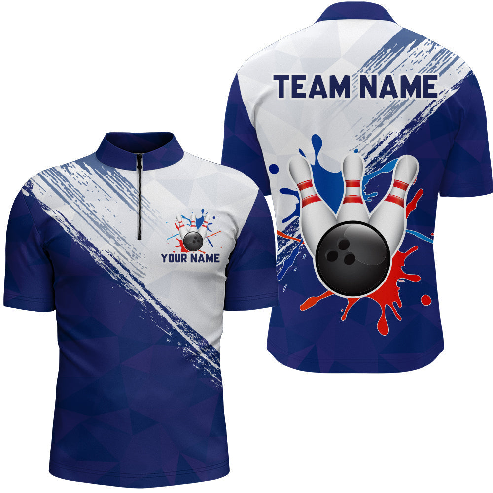 Blue Bowling Quarter Zip Shirts For Men Retro Bowling Jersey Custom Bowling Team League Shirt