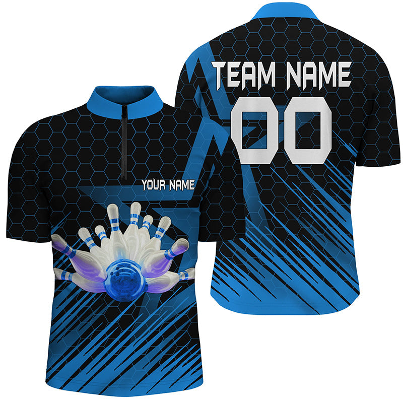 Blue Bowling Shirt For men Custom Quarter Zip Bowling Jersey 3D Bowling Team Shirt For men