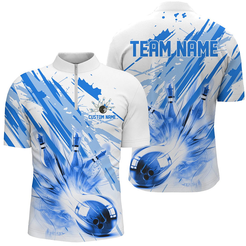 Blue Bowling Strike Custom Bowling Polo Quarter Zip Team Shirts