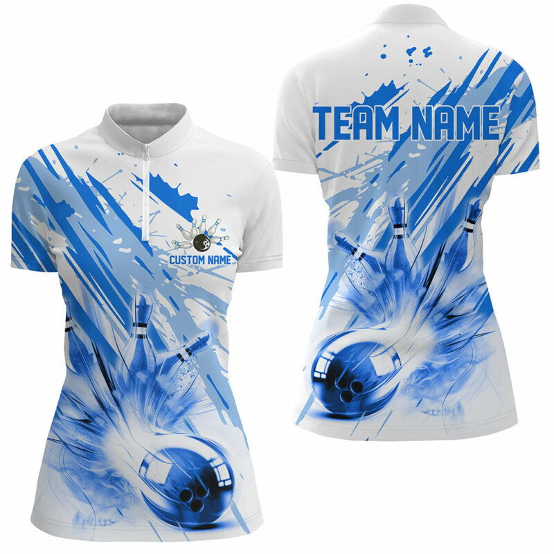 Blue Bowling Strike Custom Bowling Polo Quarter Zip Team Shirts