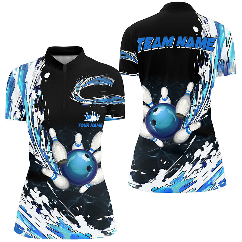 Blue Bowling Womens Quarter Zip Shirt Custom Bowling Ball Pins Black Bowling Team League Jerseys
