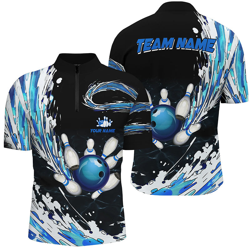 Blue Bowling mens Quarter Zip Shirts Custom bowling ball pins black bowling team league Jerseys