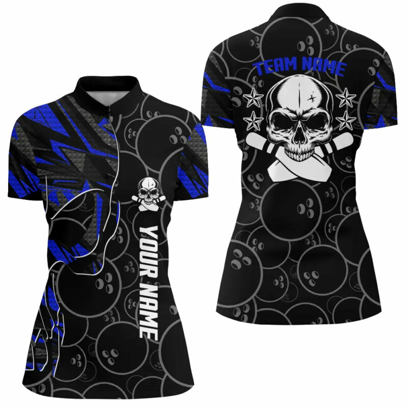 Blue Camo Black Bowling Quarter Zip Shirts For Women Custom Team Skull Bowling