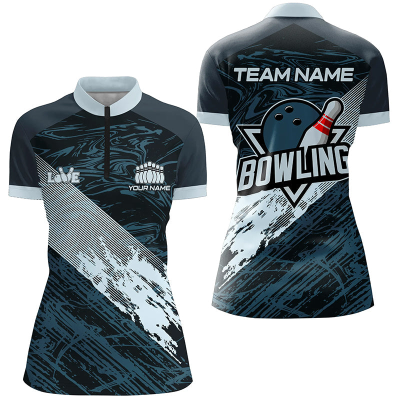 Blue Camo Bowling Ball And Pins Custom Women Bowling Quarter Zip Shirts