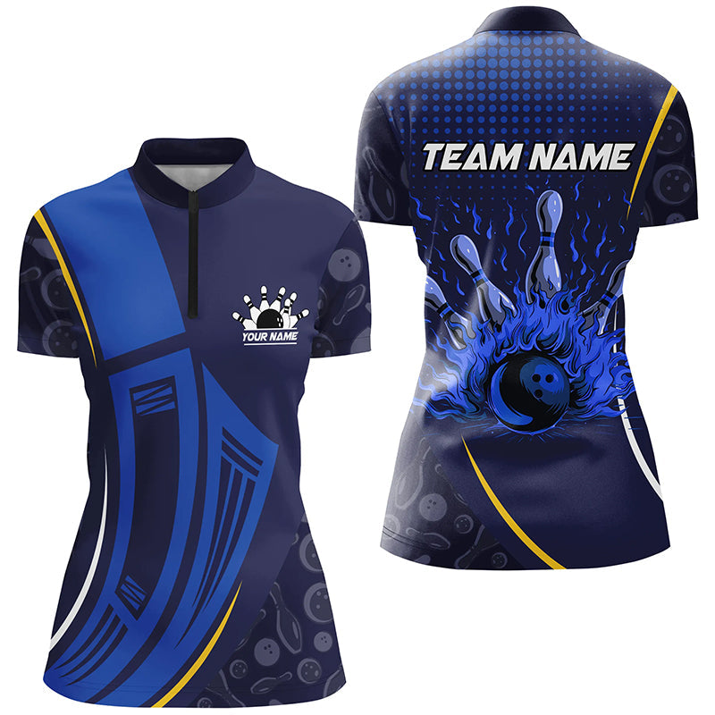 Blue Camo Flame Bowling Quarter Zip Shirts For Women Custom Ladies Team Bowling Jerseys