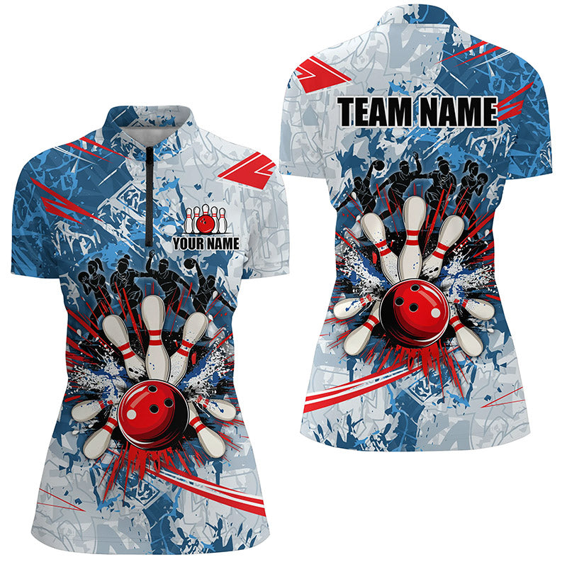 Blue Camo Women Bowling Quarter Zip Shirts Custom Bowling Team League Jerseys