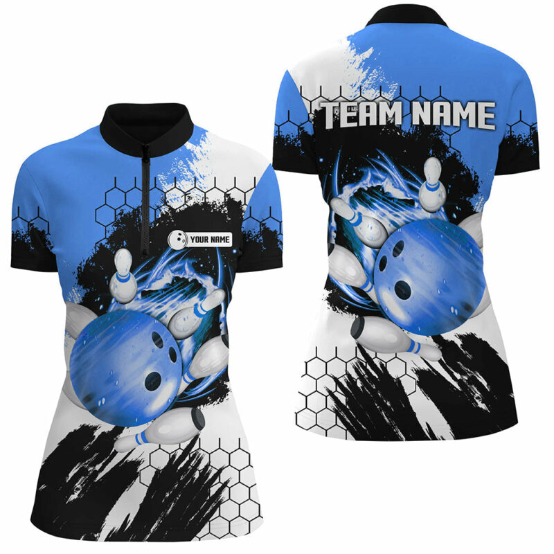 Blue Flame Bowling Ball And Pins Jerseys Custom Team League Bowling Quarter Zip Shirts For Women