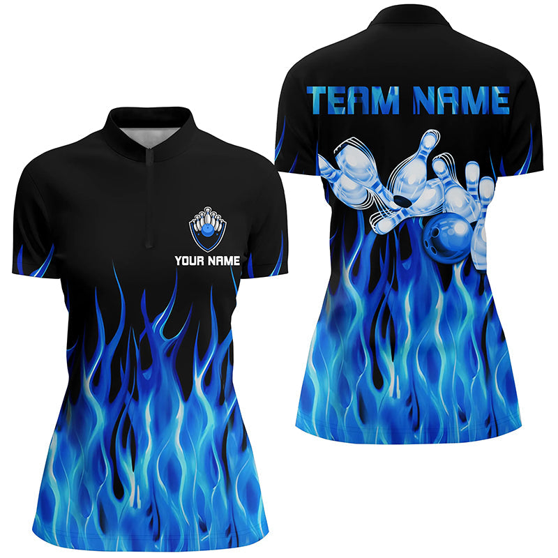 Blue Flame Bowling Quarter-Zip Shirt Women Black Bowling Jerseys Personalized Bowling Team Shirt