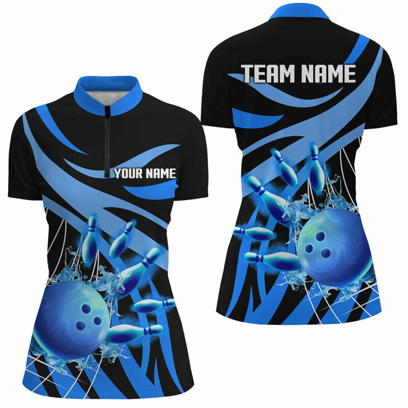 Blue Flame Bowling Quarter Zip Shirts For Women Custom Team Bowling Jerseys For Girl