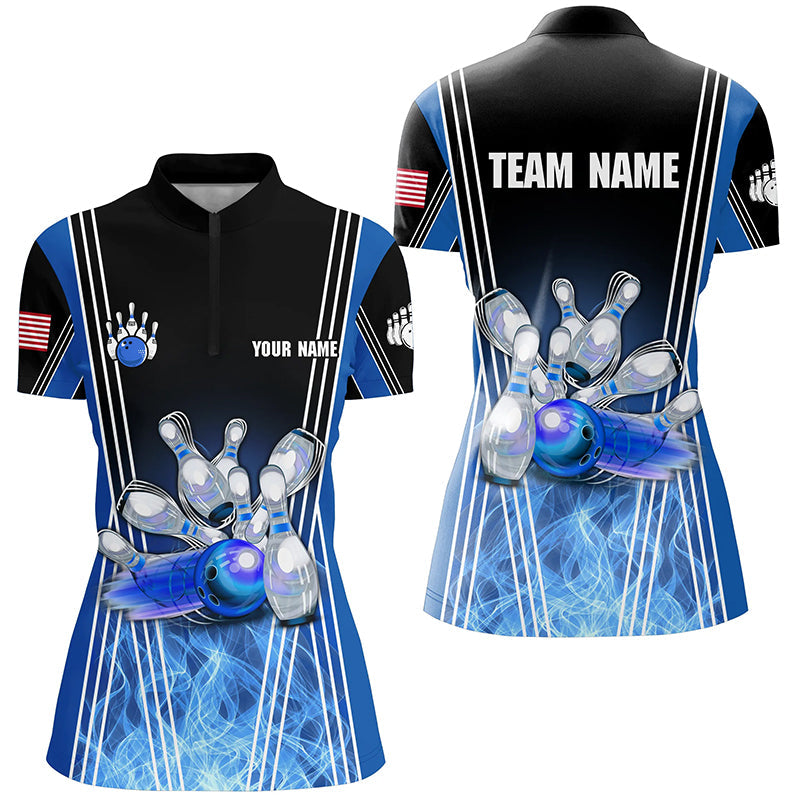 Blue Flame Bowling Quarter Zip Shirts For Women Custom Team Girl Bowling Jerseys