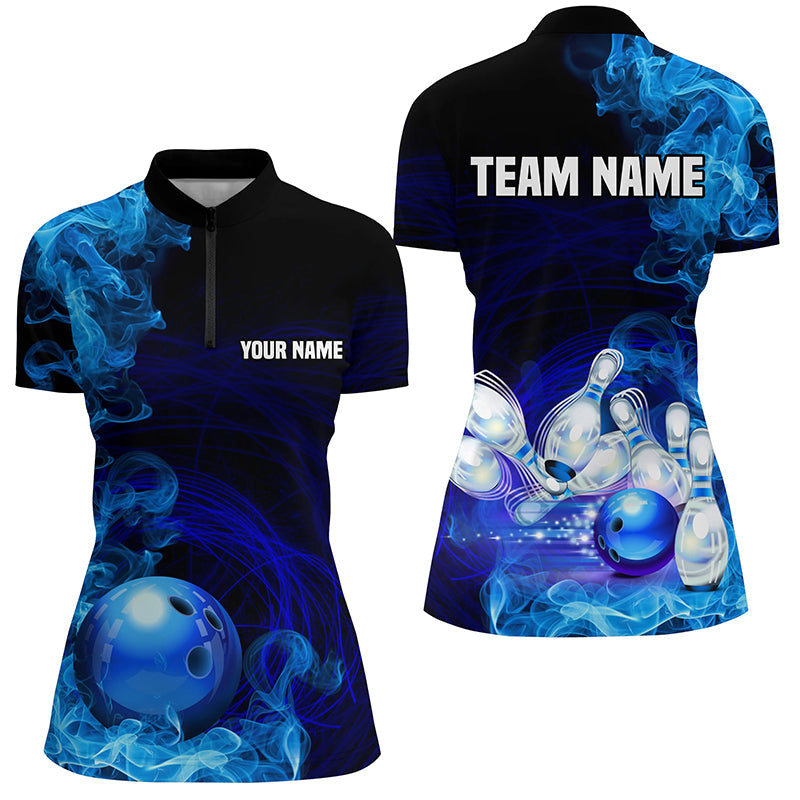 Blue Flame Fire Bowling Quarter Zip Shirt For Women Custom Team Bowling Jersey