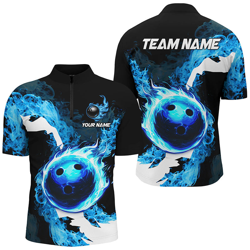 Blue Flame Fire Bowling Shirts For Men Custom Bowling Team Jersey Bowling Polo & Quarter Zip Shirts