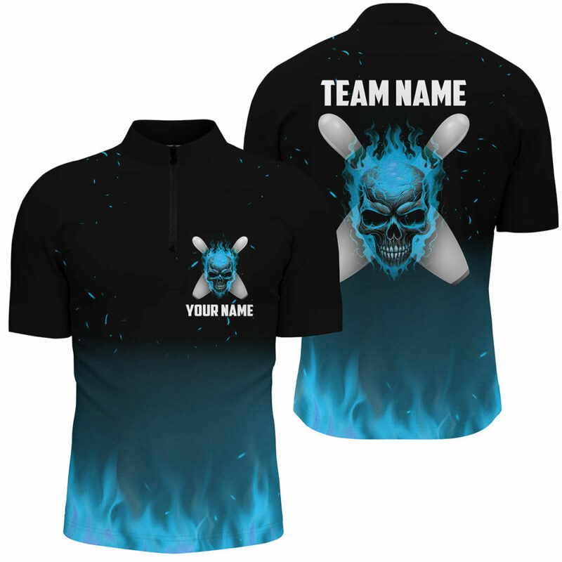 Blue Flame Skull Bowling Quarter Zip Shirts Men Custom Team Bowling Jerseys Halloween Outfits